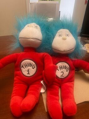 2003 Dr. Seuss Thing 1 & Thing 2 Plush Dolls - Red Bodies, Blue Hair